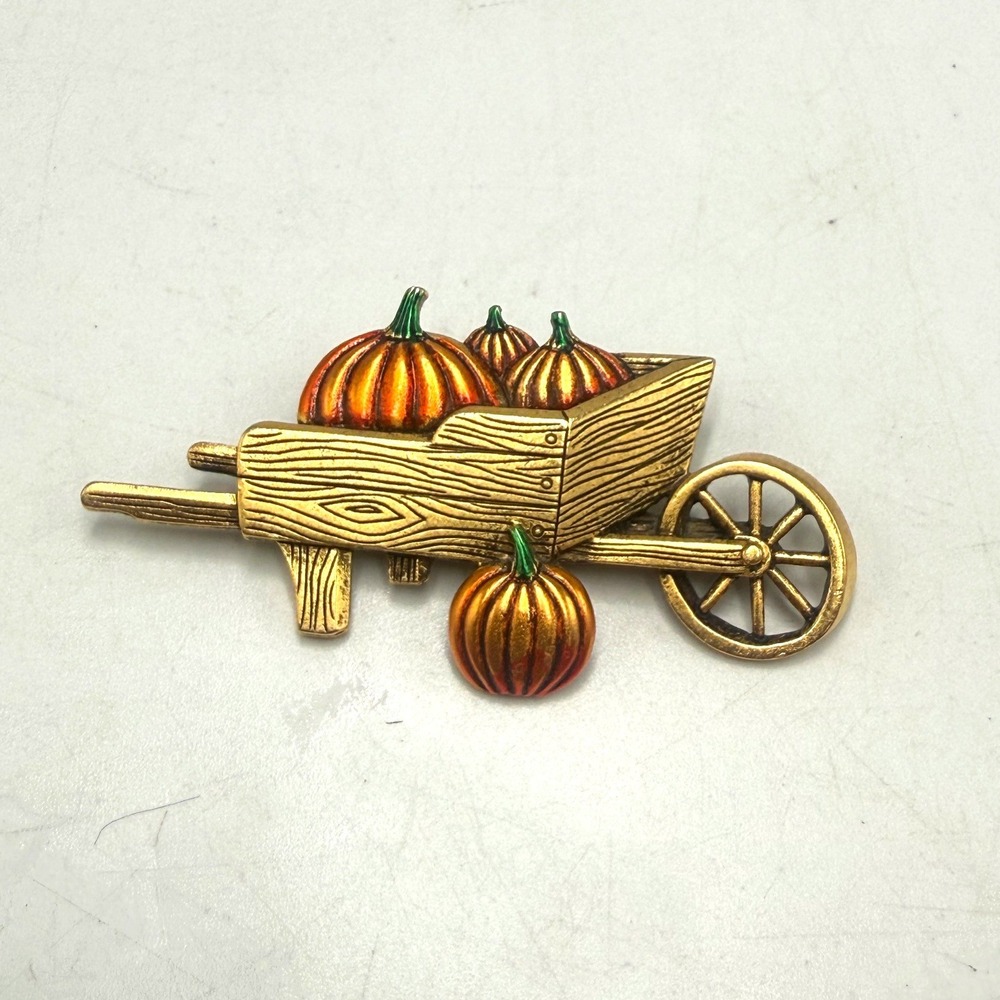 Vintage JJ Jonette Gold Tone Pumpkin Wheelbarrow Enamel Brooch Fall Harvest Pin
